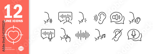 Voice set icon. Speech bubble, voice message, silent mode, mouthpiece, transmitter, voice recorder, sound track, song, voice message. Speech concept. Vector line icon for Business and Advertising photo