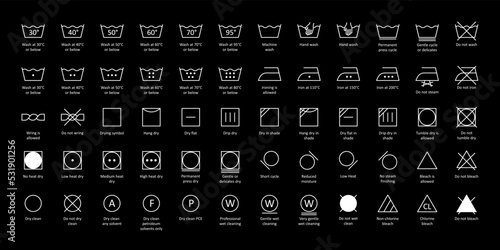 Laundry wash icons set editable stroke white on black background. Vector