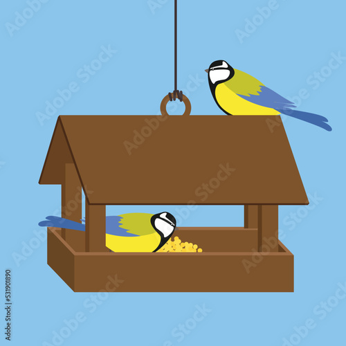 titmouse eats from a bird feeder