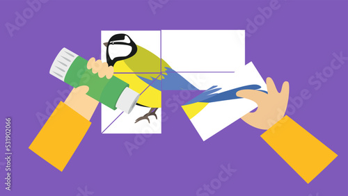 puzzle titmouse made of paper on a purple background