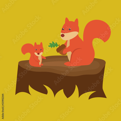 A squirrel holds an acorn and a small squirrel sits on a stump