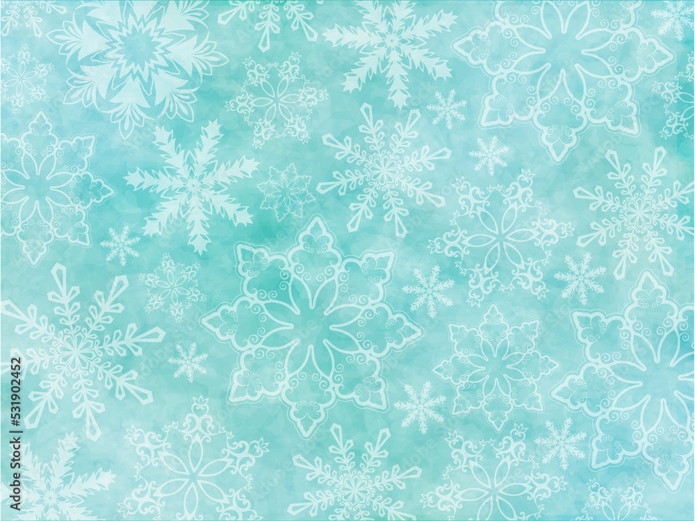 Elegant snowflake background in light teal and aqua colors. Snowflake wallpaper. Winter wonderland. Blizzard background Elegant snowflake background in light teal and aqua colors. Snowflake wallpaper. Winter wonderland. Blizzard background