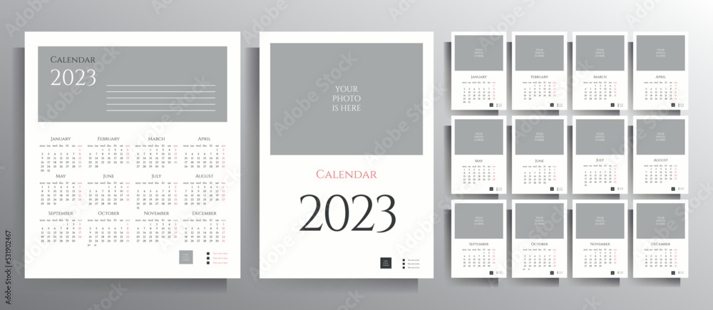 Calendar for 2023. Set of vector templates with place for your photos. Calendar for 2023. Set of vector templates with place for your photos.