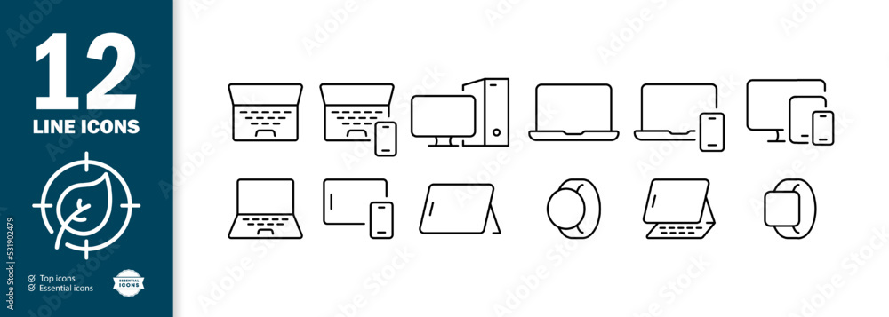 Smart technology set icon. Fitness bracelet, phone, laptop from above, desktop computer, gadget, PC, smart watch, user, tracker, band, clock, monitor. Vector line icon for Business and Advertising Smart technology set icon. Fitness bracelet, phone, laptop from above, desktop computer, gadget, PC, smart watch, user, tracker, band, clock, monitor. Vector line icon for Business and Advertising
