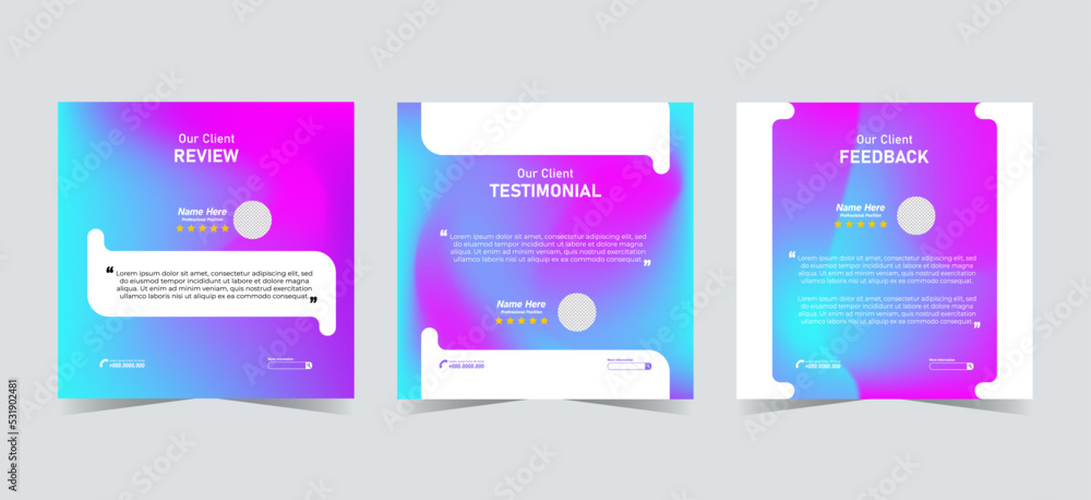 Set of customer testimonials social media template. Purple pink gradient mesh background vector illustration. Modern Banner, flyer, poster vector illustration