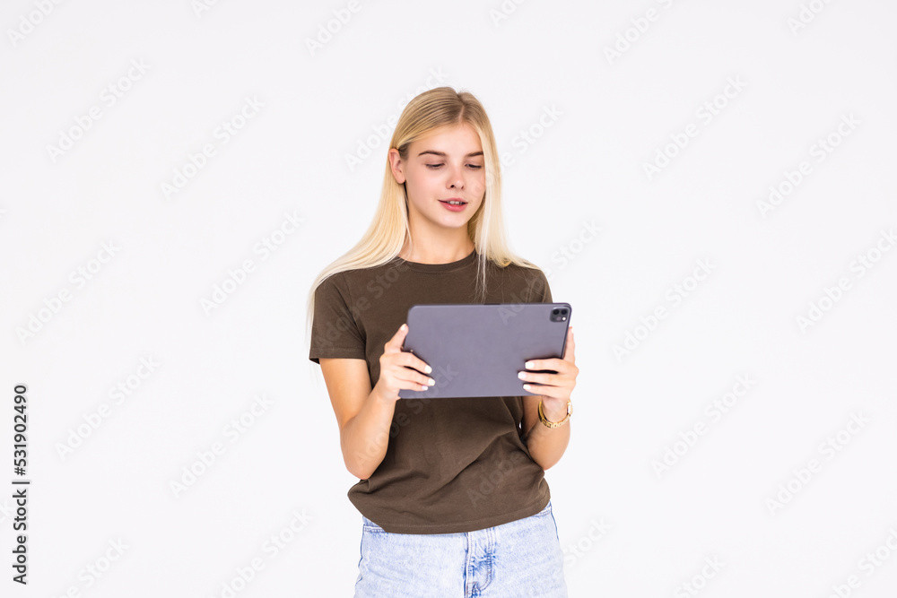 Happy Smiling woman with tablet pc isolated on white background Happy Smiling woman with tablet pc isolated on white background