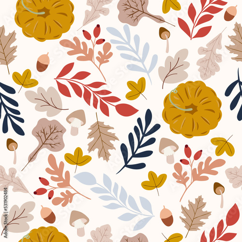 Seamless pattern with acorns and autumn leaves. Perfect for wallpaper, gift paper, pattern fill, web page background, autumn greeting cards.Vector illustration