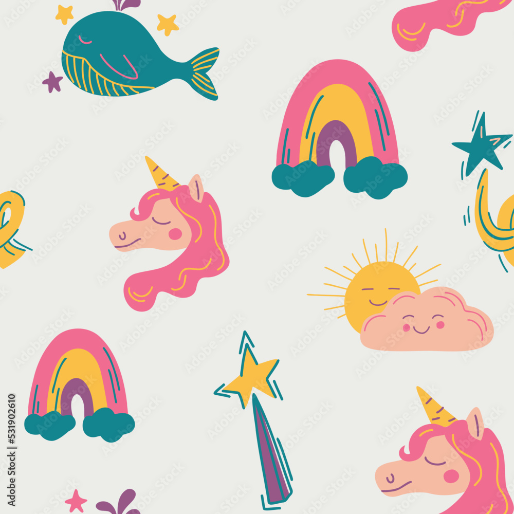 Naklejka premium Magic seamless pattern. Fairytale objects and characters for kids fabrics or interior decor. Hand drawn cartoon style vector illustration