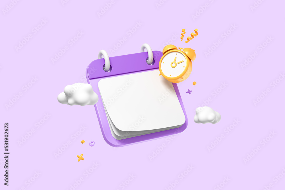 3D Calendar with Alarm notification. Event reminder. Minimal creative design. White paper with empty copy space for text or date. Plan concept. Cartoon icon isolated on purple background. 3D Render 3D Calendar with Alarm notification. Event reminder. Minimal creative design. White paper with empty copy space for text or date. Plan concept. Cartoon icon isolated on purple background. 3D Render