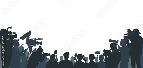 Journalists are interviewing, silhouette. Press conference of reporters. Crowd of people with video cameras and microphones. All people separated. Vector illustration