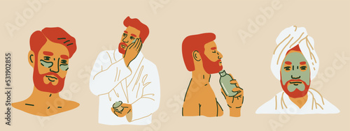 Male beauty routine. Bearded hipster characters applying skincare products, face masks, eye patches. Hand drawn vector illustration