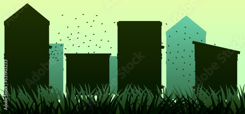 Apiary. Bee hives in meadow. Rural farm landscape. Horizontal seamless illustration. Vector