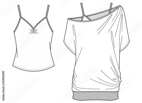 womens off shoulder oversize slash neck baggy top technical drawing flat sketch vector illustration template. cad mockup.