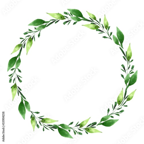 Watercolor greenery branches frame. Floral wreath template on white background.