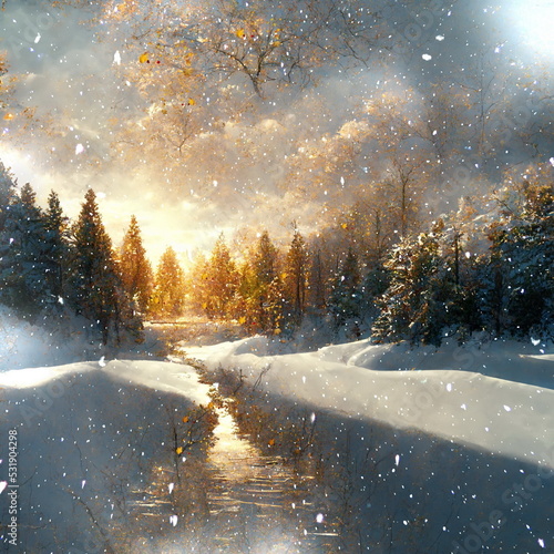 First snow ,Autumn leaves fall , sunshine winter landscape snowy trees sun beam on forest trees branch covered by snow river water reflection nature landscape art painting 