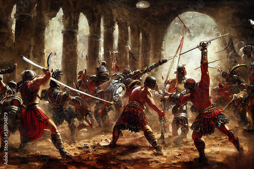 Fényképezés Gladiators fighting in a coliseum, featured in a historic painting