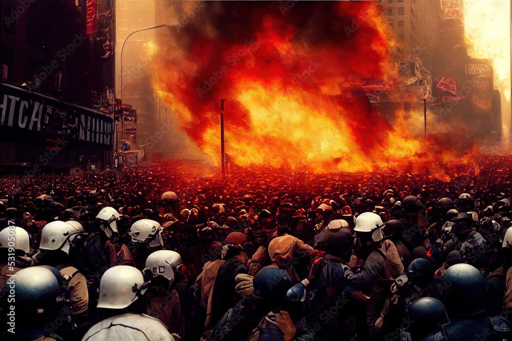 Crowd of rioters in New York fire, dark silhouettes and smoke. Drawing illustration of turmoil and protests on the streets of a big city, anarchy, unrest in a dystopic, anarchy artwork. Realistic art. - obrazy, fototapety, plakaty 