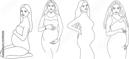 Pregnant woman line art vector set. Prenatal illustration.