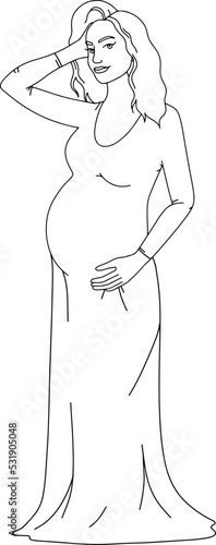 Pregnant woman in long dress line art vector illustration.