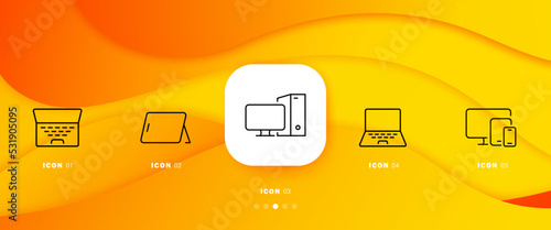 Smart devices set icon. Laptop, tablet on stand, PC, personal computer, desktop, portable. Technology concept. Infographic timeline with icons and 5 steps Vector line icon for Business and Advertising