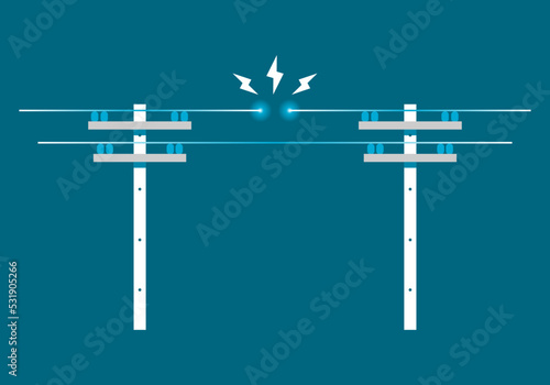 Broken electric wire of high power voltage pole is damaged and short circuit spark glowing light dot cause danger electrocution risk on blue background flat vector design.