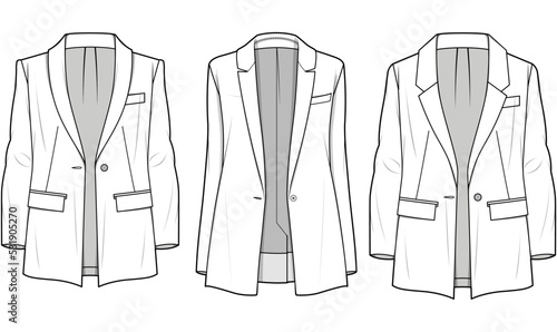 Women One Button Blazer, Boyfriend Blazer, Single Breasted blazer, Shawl Lapel Blazer Sets Fashion Illustration, Vector, CAD, Technical Drawing, Flat Drawing, Template, Mockup.