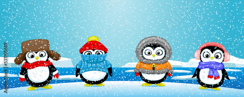Cute penguins in winter clothes on the background of winter nature.