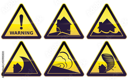 Collection of yellow and black triangular signs of natural hazards such as floods, earthquakes, tornadoes, hurricanes, tsunamis and avalanches (metal reflection)