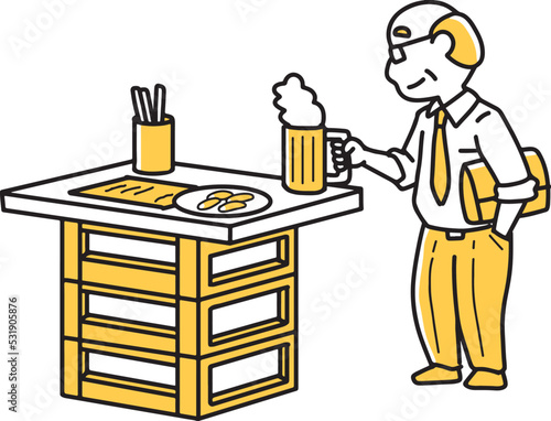 立ち飲み屋でビールを楽しむ中年男性