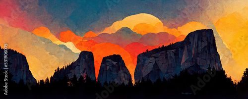 Fotografiet Illustration of sunset on Yosemite National Park
