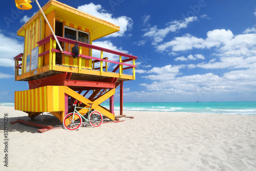 Modern bike & lifeguard station on the huge beach of Miami Beach. No people. © Silvio