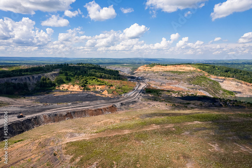 Open pit mine  extractive industry for coal  top view aerial drone