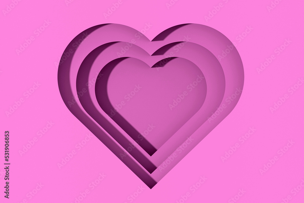 pink hearts with shadows. heart-shaped grooves with shadows. Valentine's Day. Horizontal image. 3D image. 3d rendering.