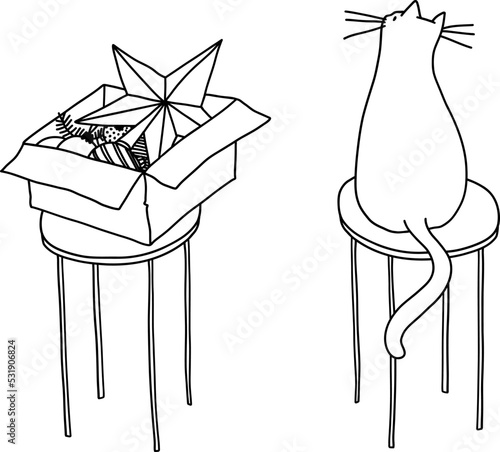 Doodle cat sits on a stool next to an open box of Christmas toys. Domestic cat turned back on a round chair. Vector illustration of a scribble pet at home isolated on a white background.
