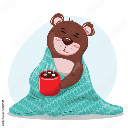 Cute teddy bear with a hot chocolate in the warm blanket.