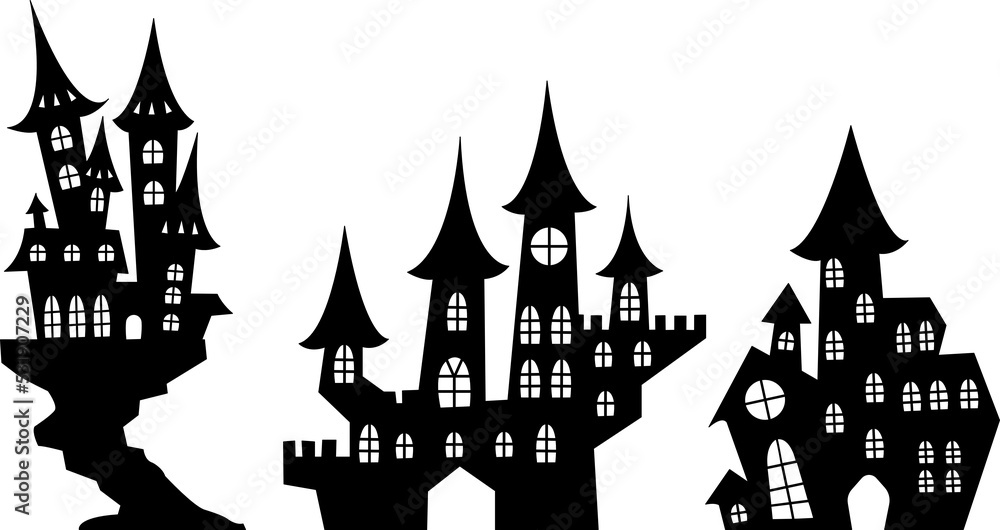 isolated Halloween houses and a castle on a transparent background.