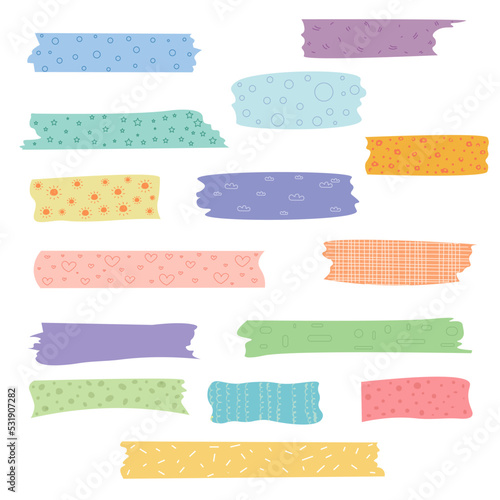 Tape with cute patterns, sticky tapes for scrapbooking. Japanese masking tape with dots, stars and hearts, colorful masking tapes for scrapbook decor vector set