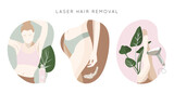 Laser hair removal collection. Woman in beauty salon. Depilation, leggs, bikini, armpits. Flat vector illustration.