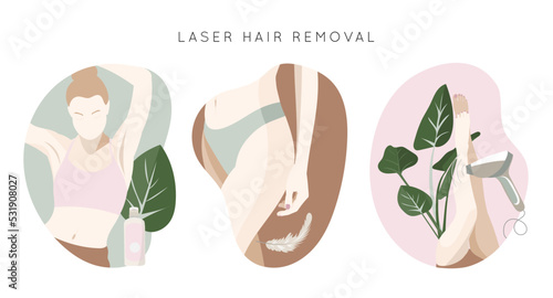 Laser hair removal collection. Woman in beauty salon. Depilation, leggs, bikini, armpits. Flat vector illustration.
