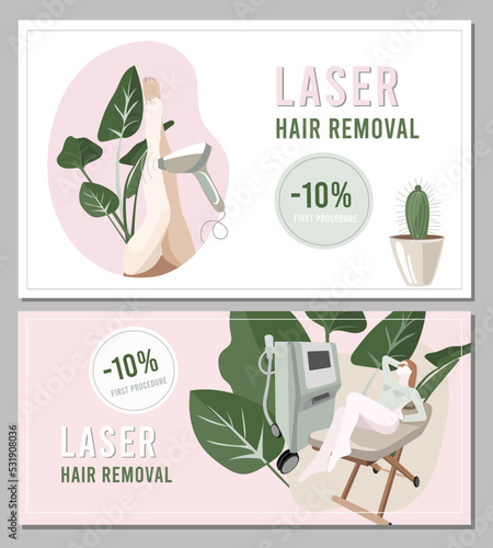 Set of promo flyers for laser hair removal, beauty salon,  procedure, body care, depilation. Vector illustration for poster, banner, flyer, cover, special offer, advertising.