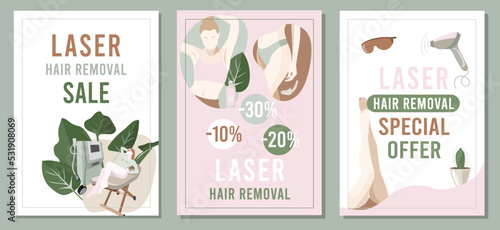 Set of promo flyers for laser hair removal, beauty salon,  procedure, body care, depilation. Vector illustration for poster, banner, flyer, cover, special offer, advertising.