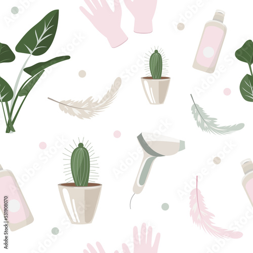 Laser hair removal pattern. Beauty salon. Depilation, leaves, gloves, cream, feather and cactus. Cute vector illustration.