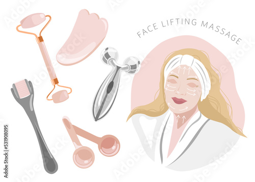 Beauty face lifting massage. Woman using jade stone, gua sha, micro-needling roller, ice roller  for skincare procedures. Facial massage and relaxation concept. Flat  illustration.
