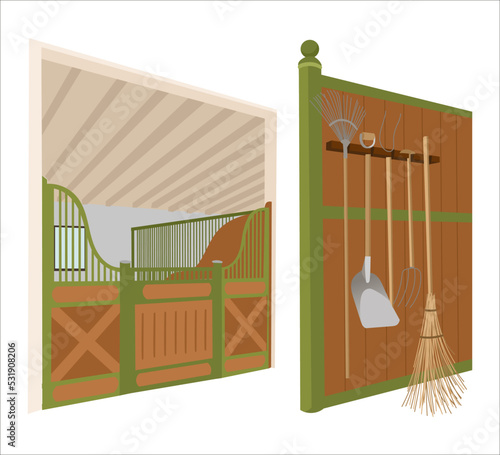 Horse stable interior, Wooden farm hose and equipment, Empty ranch with gate and window, broom, shovel, rake. Countryside building vector illustration.
