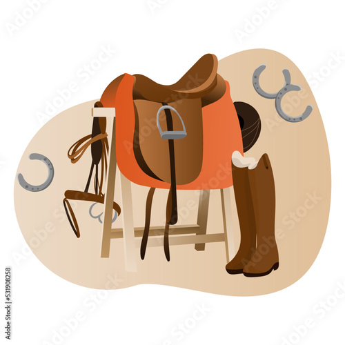 Horse riding equipment. Saddle, saddle pad, leather boots, horseshoes,  helmet, reins. Flat vector illustration.