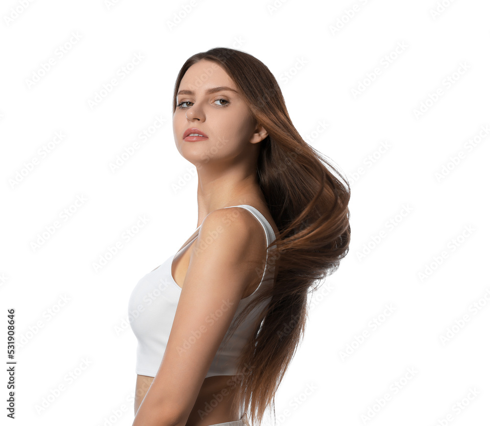 Young woman with strong healthy hair on white background