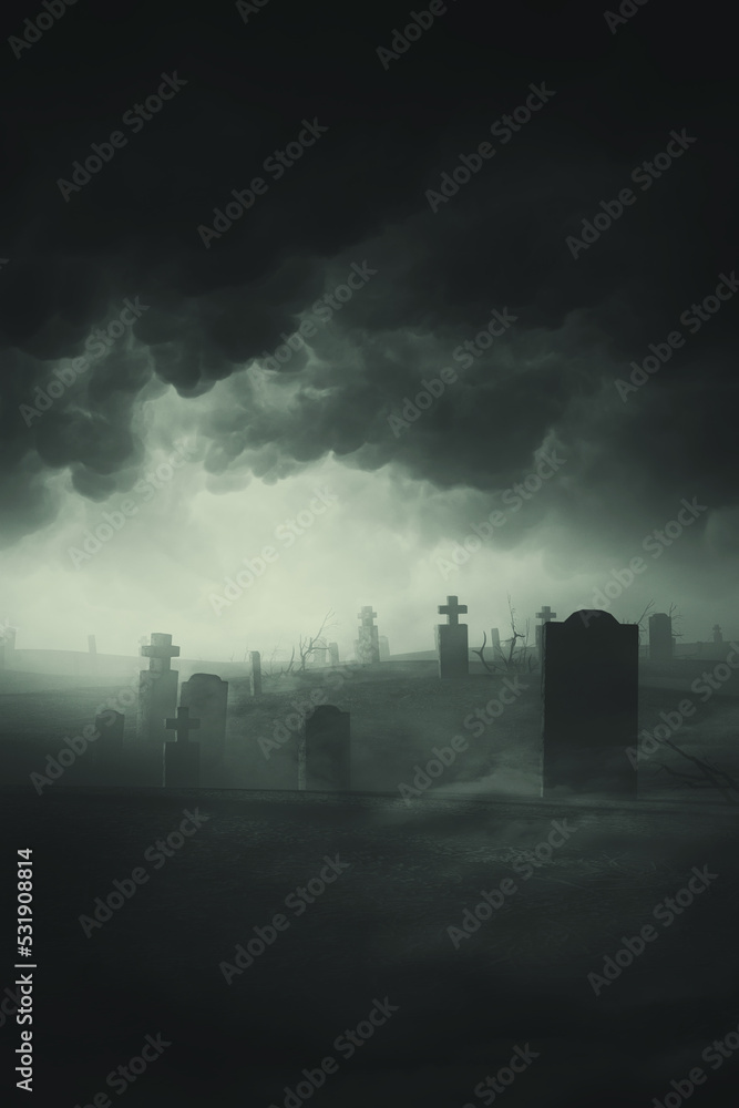 dark clouds over old graveyard at night - obrazy, fototapety, plakaty 