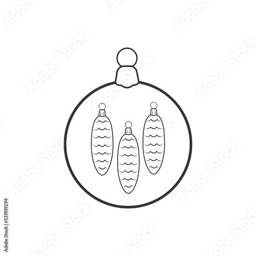 Vector icon of New Year decoration. Christmas tree ball and cones.