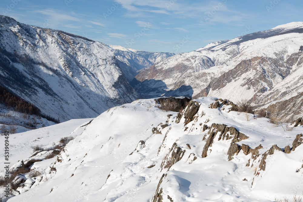 Mountain landscape. Katu-Yaryk pass in winter. Altai. Russia