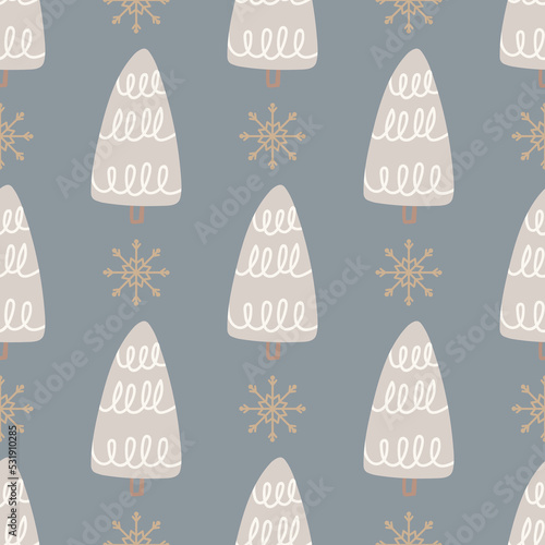 Christmas tree and snowflake seamless pattern. New Year Vector illustration